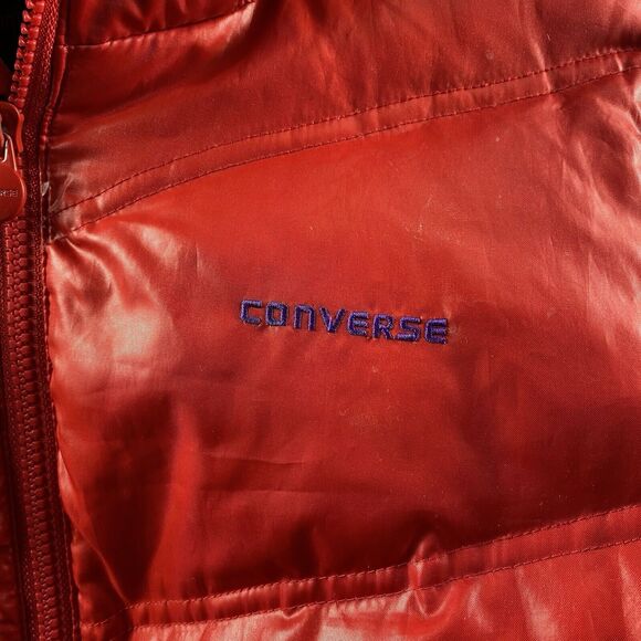 VTG Converse Luxury Puffer Jacket Hoodie Red Purple Unisex M Bomber Removable - Picture 9 of 15